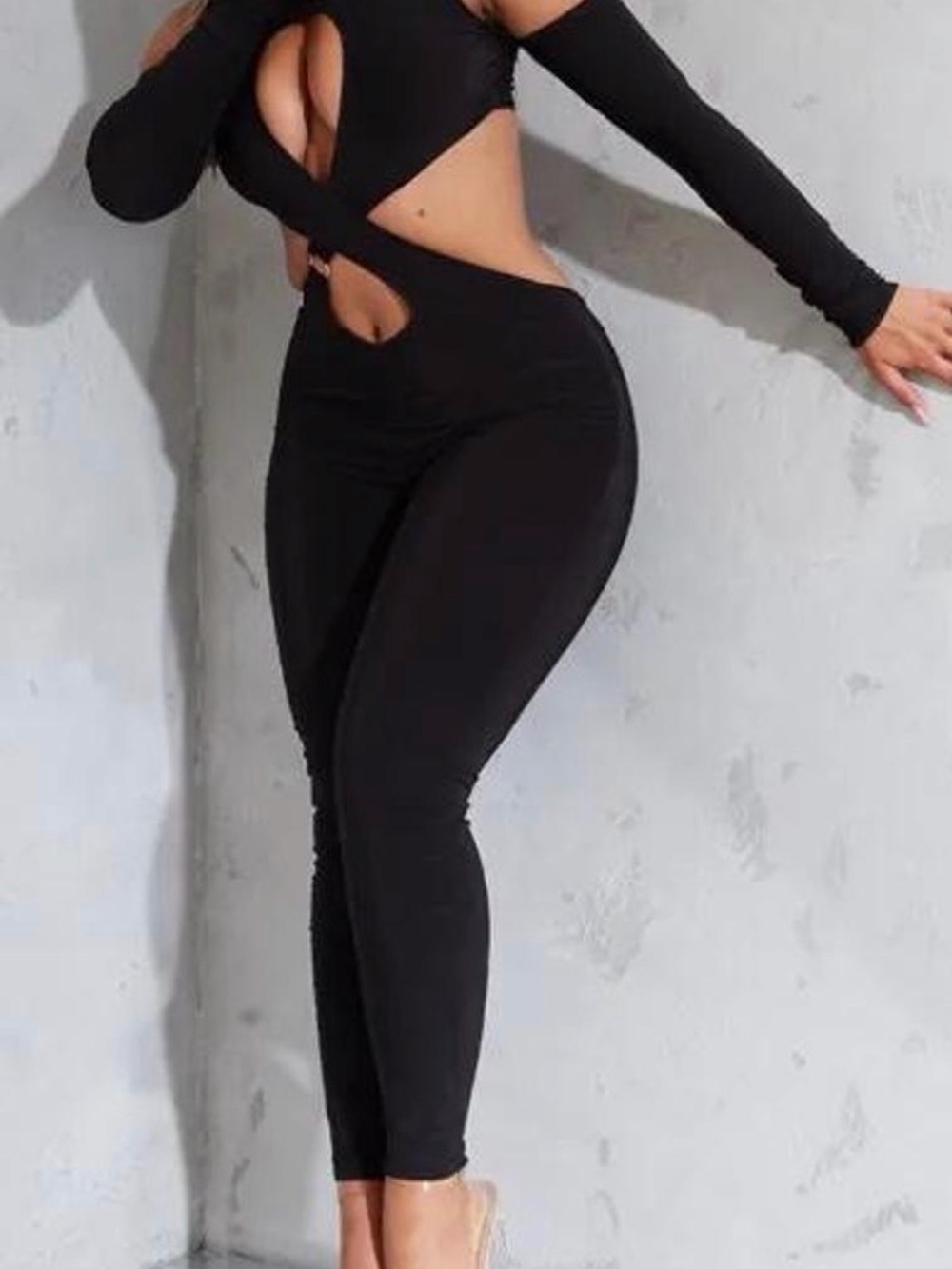 Women's Black Cutout Jumpsuit - Sleek High-Waist Legging Style